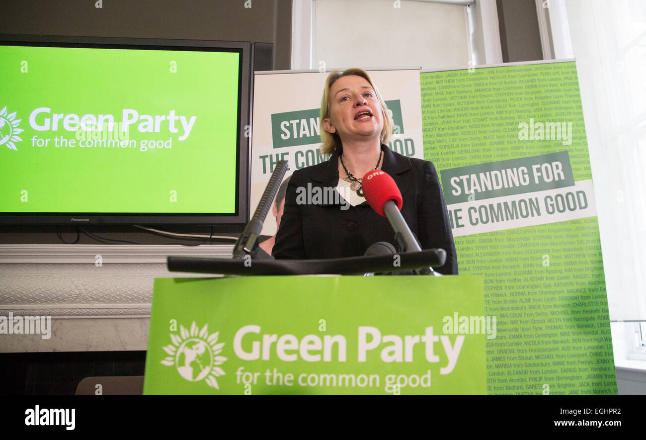 Natalie Bennett,leader of the Green party,speaks at the launch of the party's election campaign Stock Photo