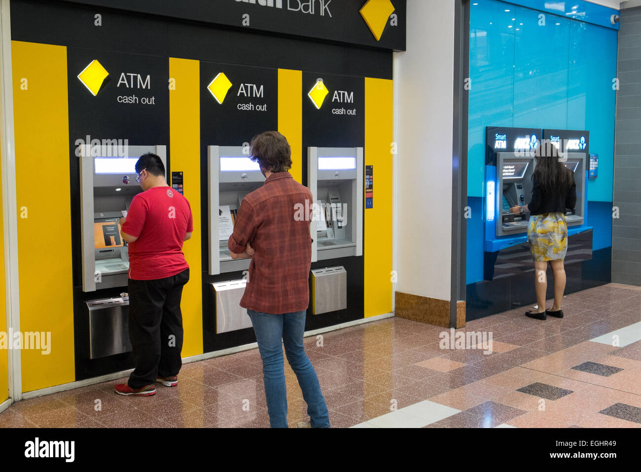 commonwealth bank of australia and ANZ banking group cashpoint machines in Broadway shopping centre,Sydney Stock Photo