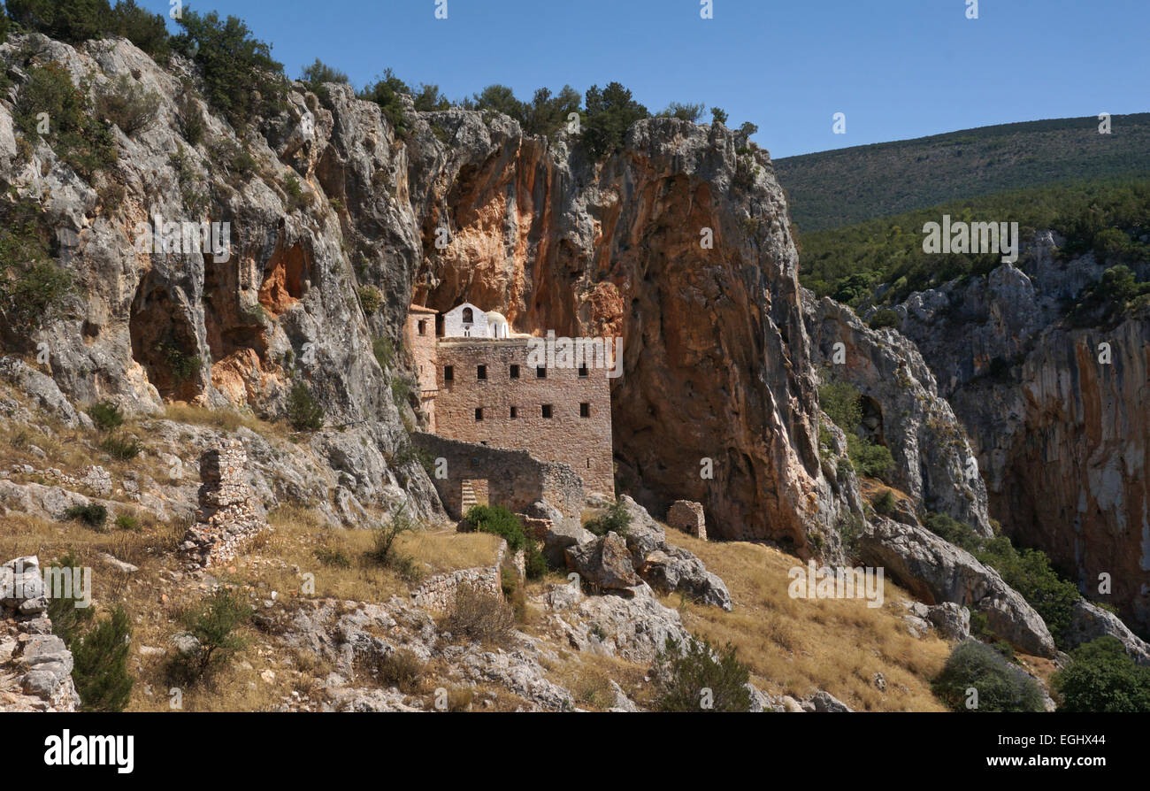 11th Century Byzantine rock Monastery of Aghios Dimitriou Avgou, Pelei, Argolida, Peloponnese, Greece Stock Photo