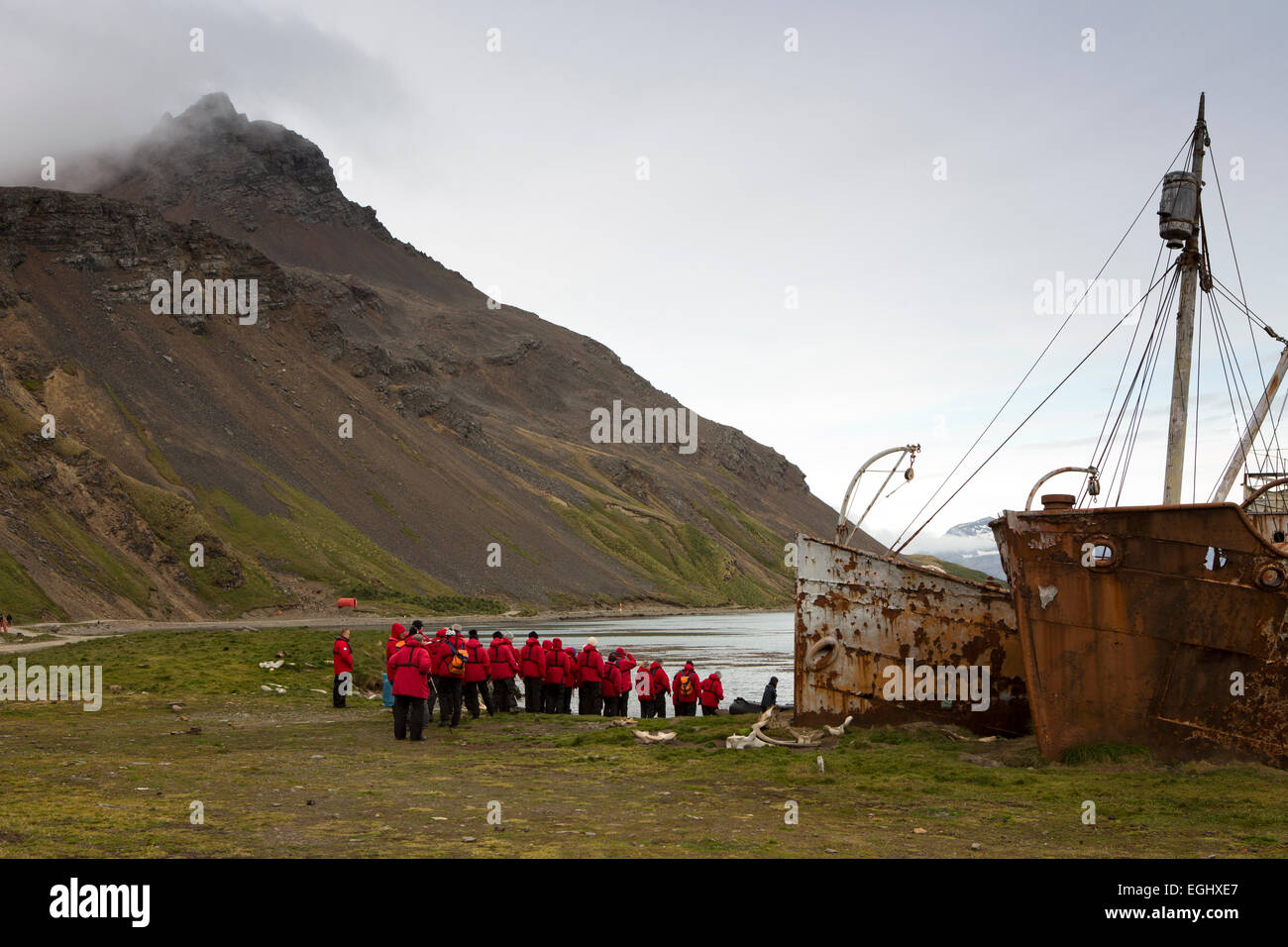 South Georgia, Grytviken, cruise ship passengers at prows of sealing boats Dias and Albatros Stock Photo