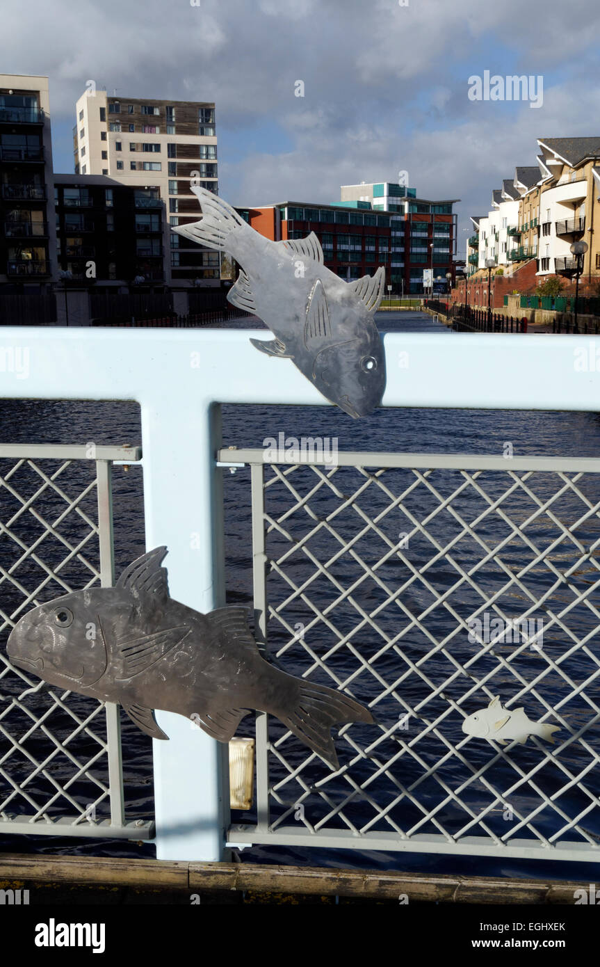 Detail of fish sculpture by Andrew Rowe, Adventurers Quay Bridge, Roath Basin, Cardiff Bay, South Wales, UK. Stock Photo