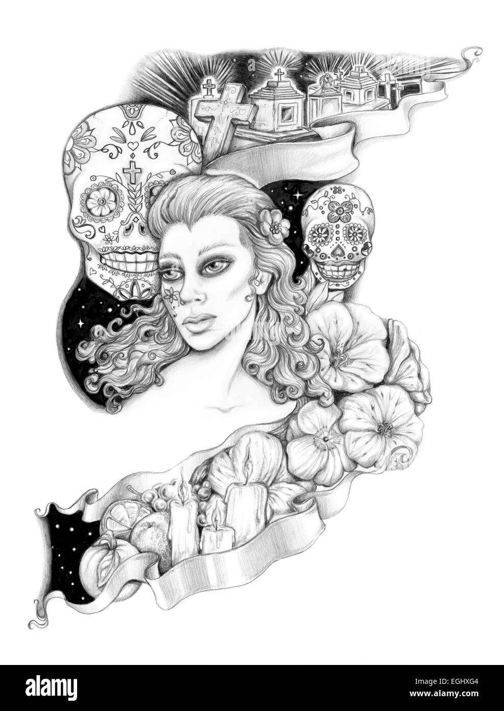 The Mexican Day of The dead - Dia De Los Meurtos.  black and white pencil illustration. Stock Photo