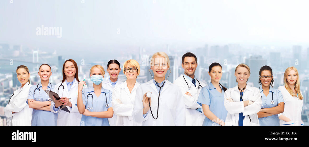 team or group of female doctors and nurses Stock Photo