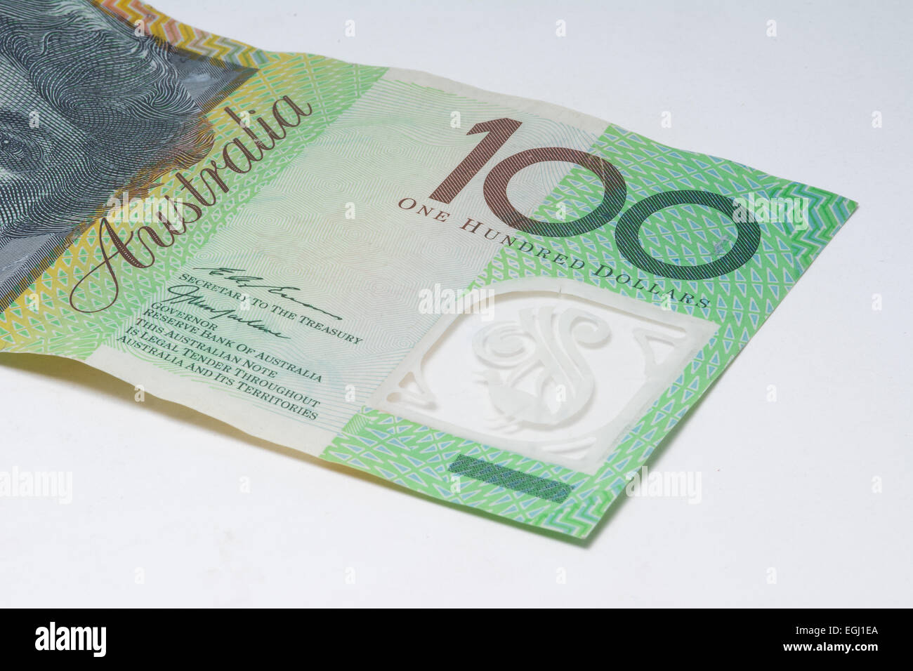 Close Up Australian Money 100 dollar note with see through window known as diffractive optically Close Up Australian Money 100 dollar note with see through window known as diffractive optically