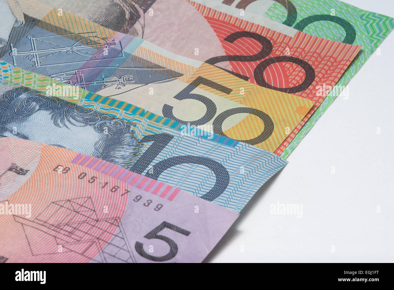 Close Up Australian Money Banknote Denominations Stock Photo