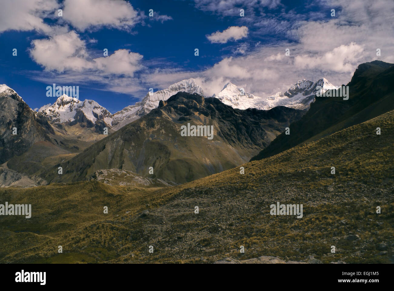 Amazing landscape around Alpamayo, one of highest mountain peaks in Peruvian Andes, Cordillera Blanca Stock Photo