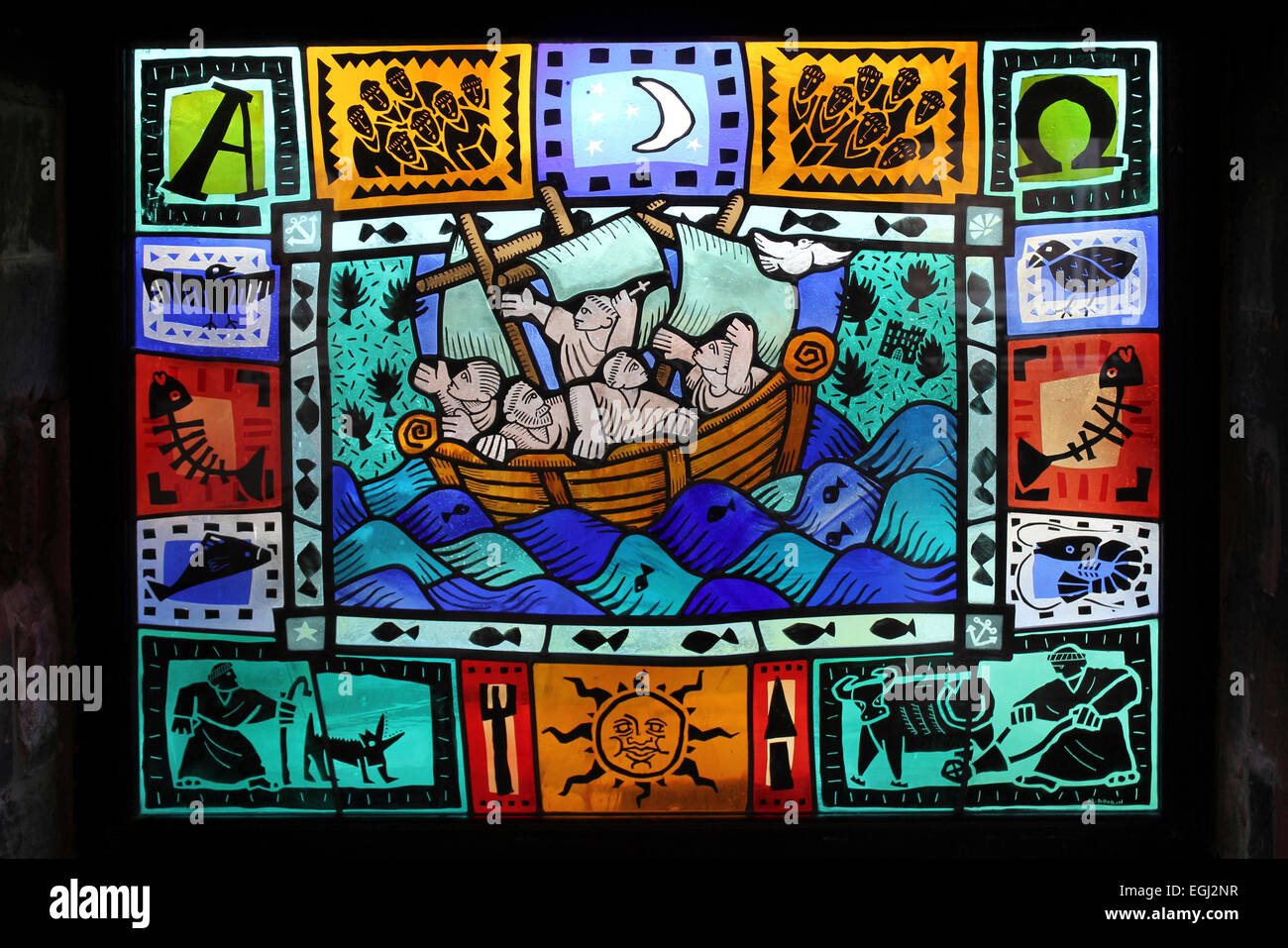 Modern Stained Glass Window Of A Monk's Ferry Boat Sailing Across The River Mersey by Martin Donlin 1992 Stock Photo