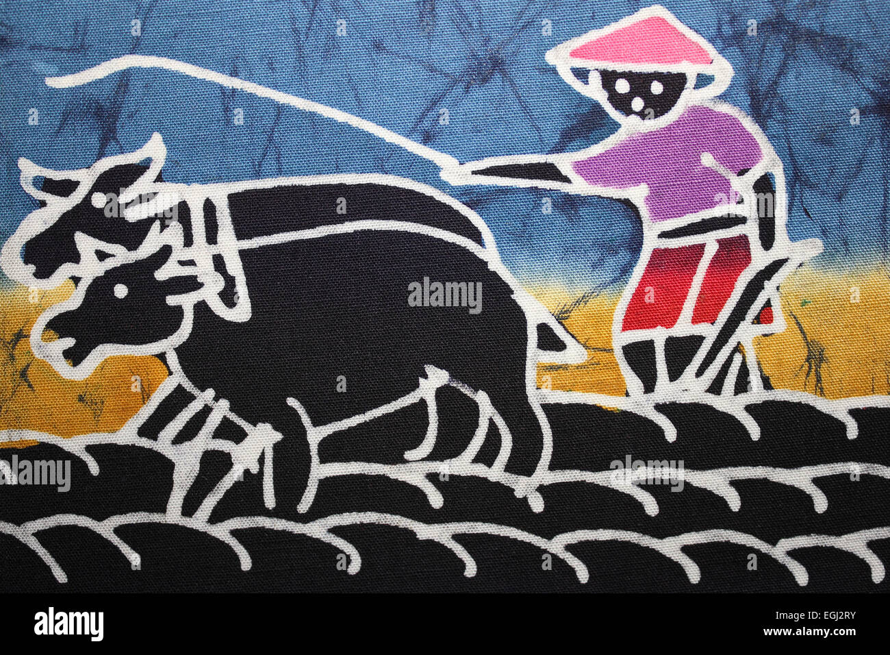 Tie dye Batik Showing Farmer Ploughing With Bullocks From Indonesia Stock Photo