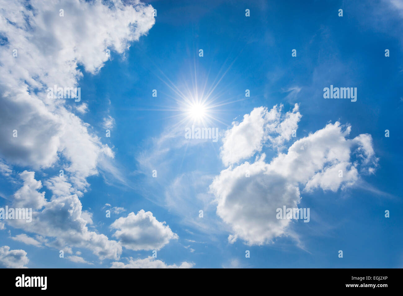 Blue, white, sky, clouds, sun, solar star, Stock Photo
