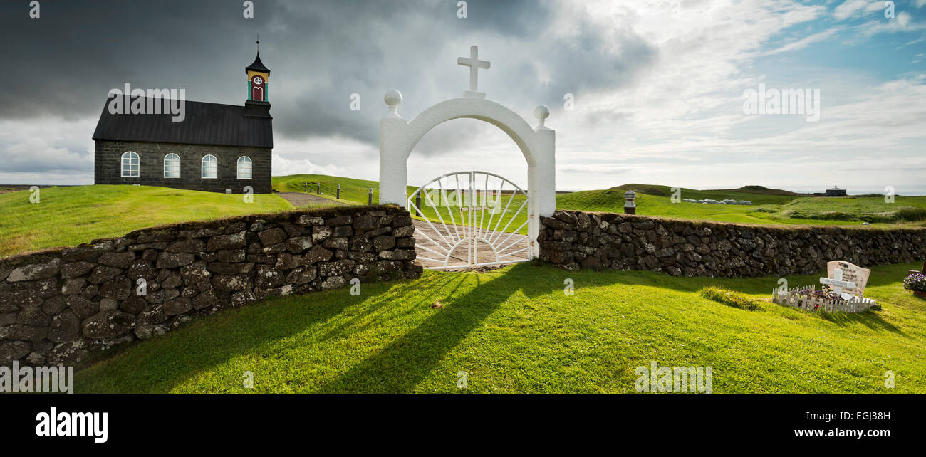 Iceland, Hvalsnes, church, cemetery, gravestone, Stock Photo