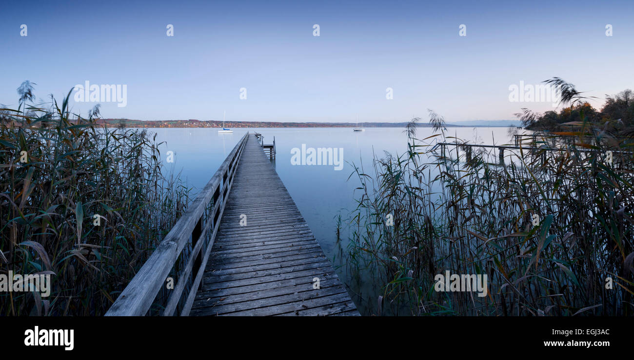 jetty, water, lake, sky, blue, cyan, reed, atmosphere, Schondorf village, Lake Ammersee, Alps, evening, Stock Photo