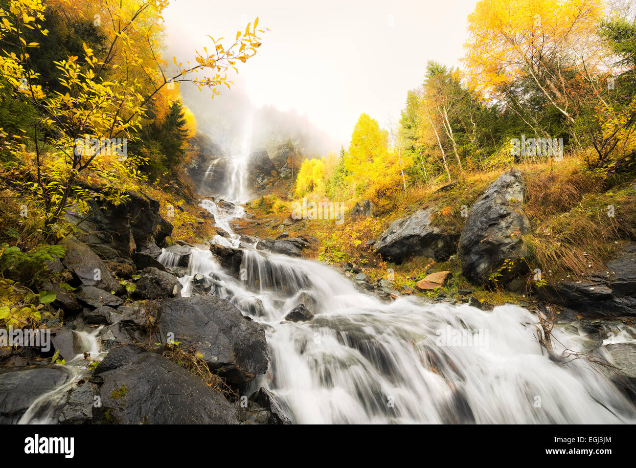 Waterfall, Alps, autumn, colouring, dynamically, water, fog, Stock Photo