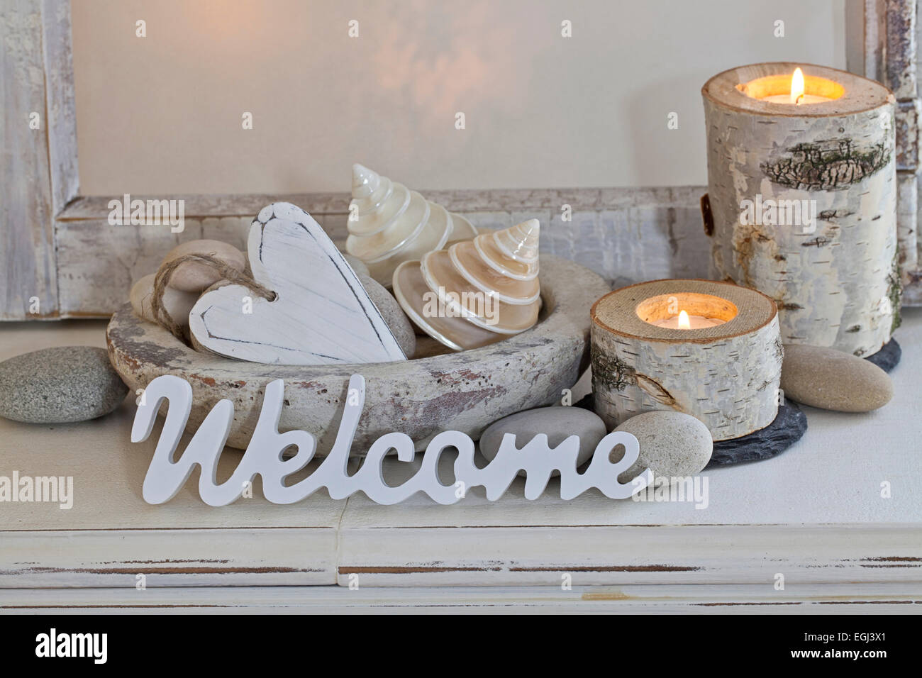 Decoration, white, window frame, Welcome, candles, bowl, seashells, stones,  heart Stock Photo - Alamy