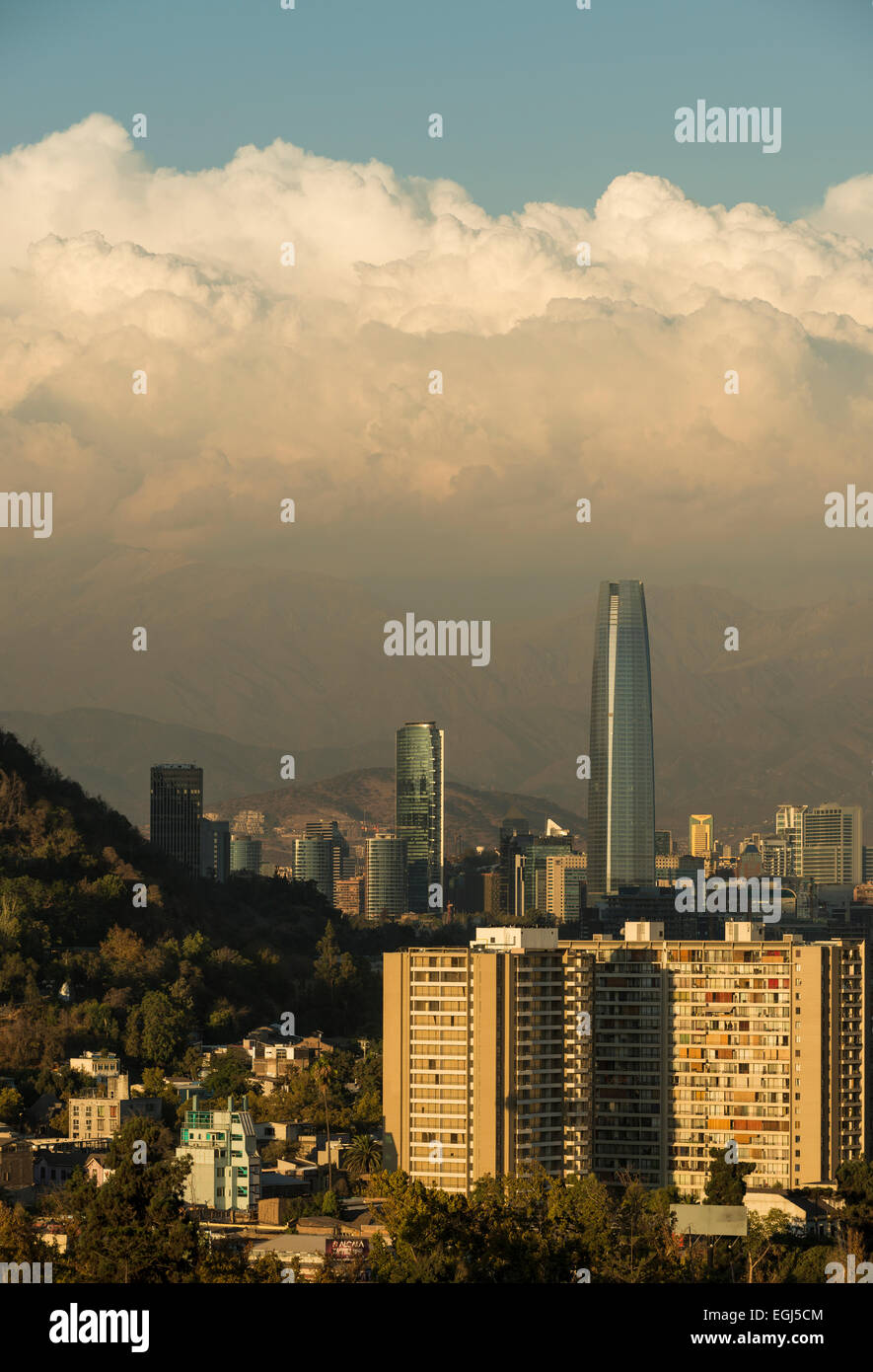 Aerial view of central Santiago City at Sunset, Santiago, Chile Stock Photo