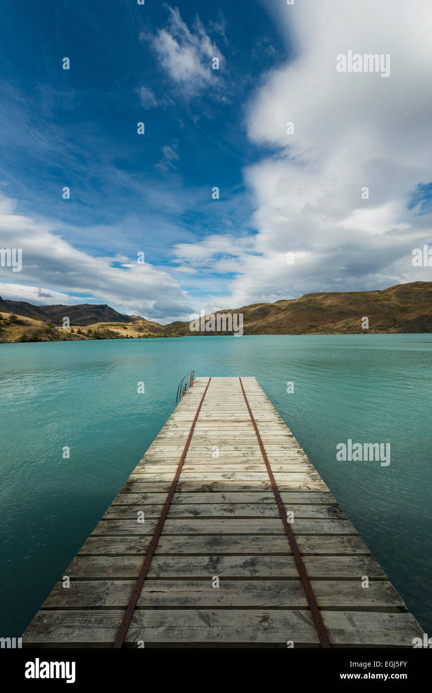 Jetty on Lago Pehoé, Hotel Explora, Torres del Paine National Park, Patagonia, Chile Stock Photo