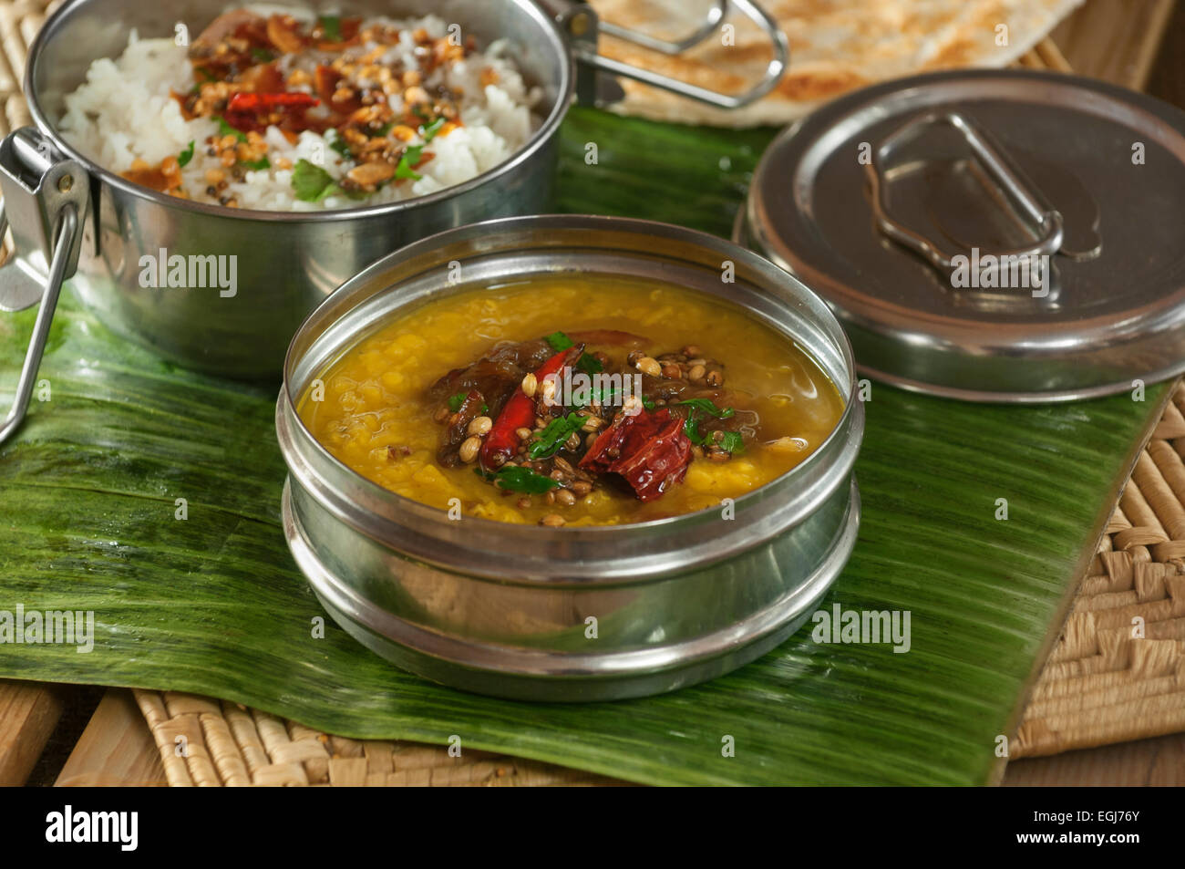 Dhal and rice in tiffin box. India Food Stock Photo Alamy