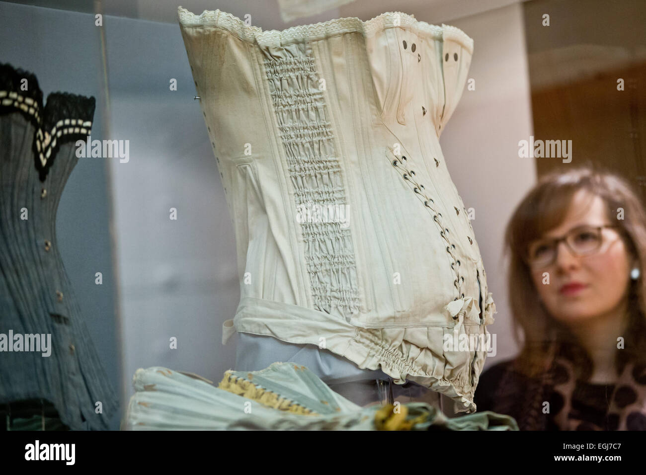 A pregnancy corset from 1900 is shown before the official start of the  exhibition 'Body Talks - 100 years of bras' in the museum for communication  in Nuernberg, Germany, 25 February 2015.