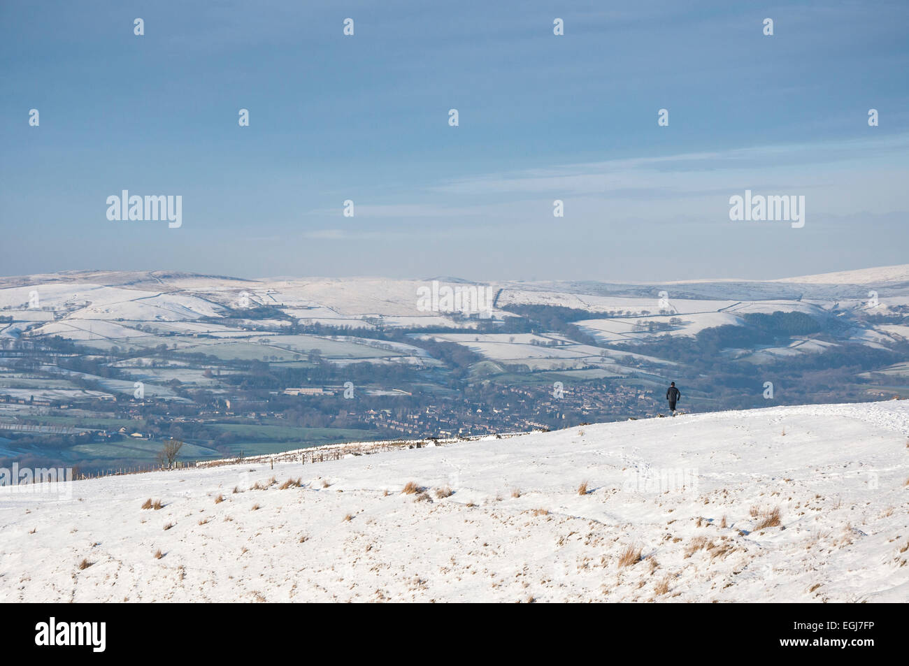 A walker in a wide open snowy landscape on hills near Glossop in Derbyshire. Stock Photo