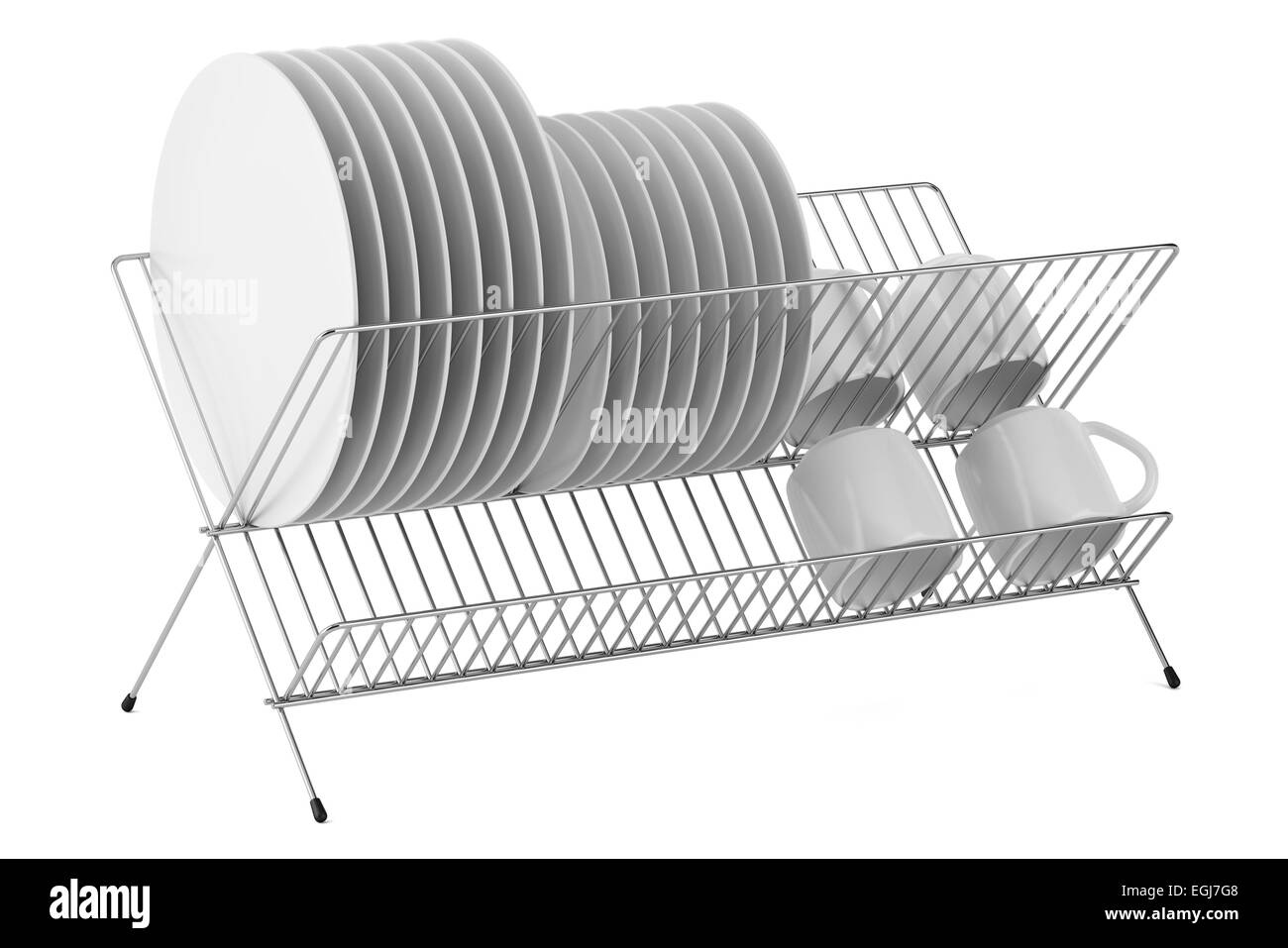 plate rack with tableware isolated on white background Stock Photo