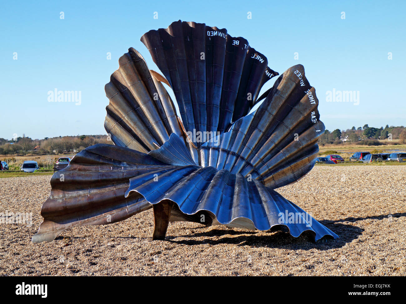 A view of The Scallop sculpture by Maggi Hambling on the beach at Aldeburgh, Suffolk, England, United Kingdom. Stock Photo