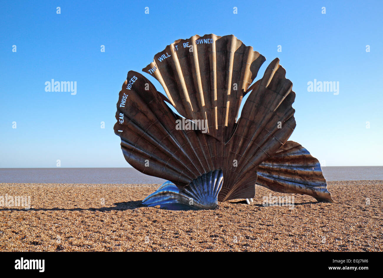 A view of The Scallop sculpture by Maggi Hambling on the beach at Aldeburgh, Suffolk, England, United Kingdom. Stock Photo