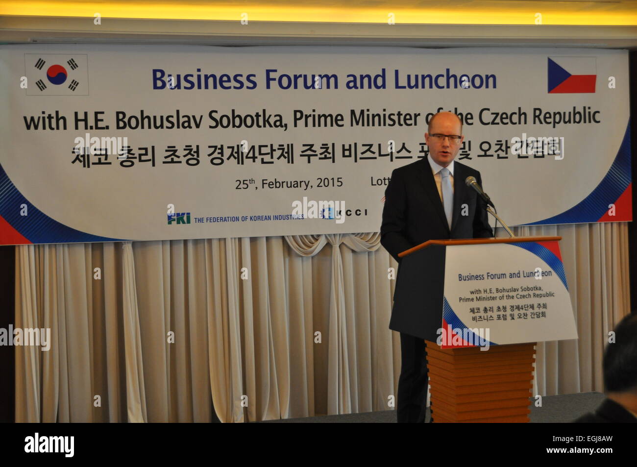 Economic cooperation between the Czech Republic and South Korea may in the future involve also the defence and nuclear industries in addition to the currently prevailing car industry, Prime Minister Bohuslav Sobotka said during his visit to Seoul today, on Wednesday, February 25, 2015. (CTK Photo/Lucie Mikolaskova) Stock Photo