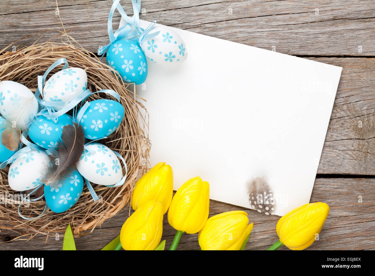 Easter greeting card with blue and white eggs and yellow tulips over ...