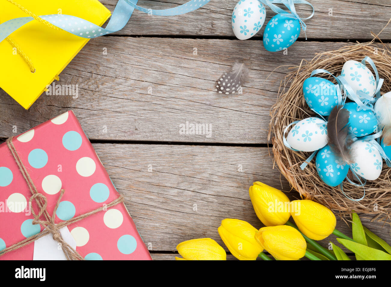 Easter background with blue and white eggs in nest, yellow tulips and ...