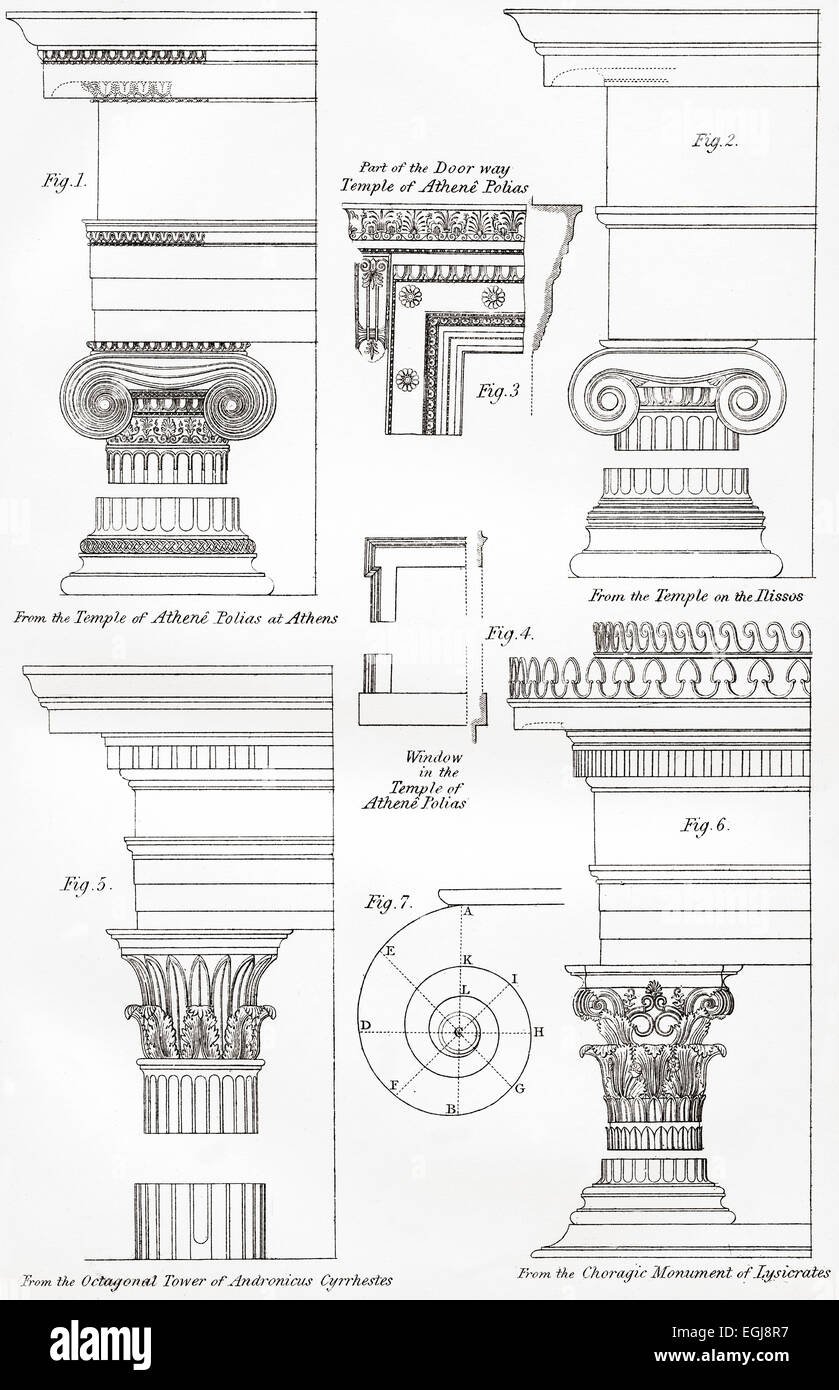 Examples of Ionic (top) and Corinthian (bottom) orders in Greek architecture. Stock Photo