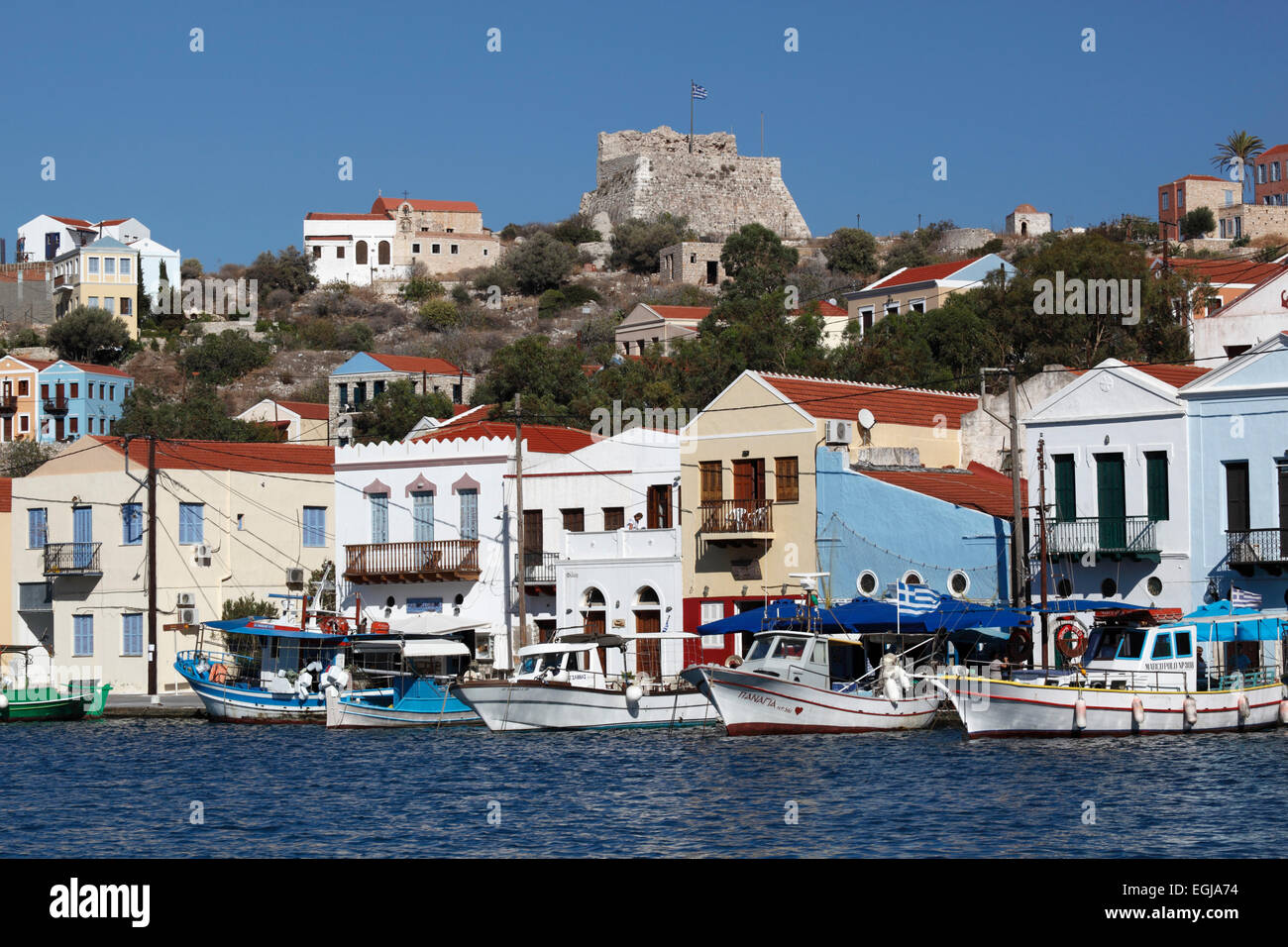 View of harbour, Kastellorizo (Meis), Dodecanese, Greek Islands, Greece, Europe Stock Photo