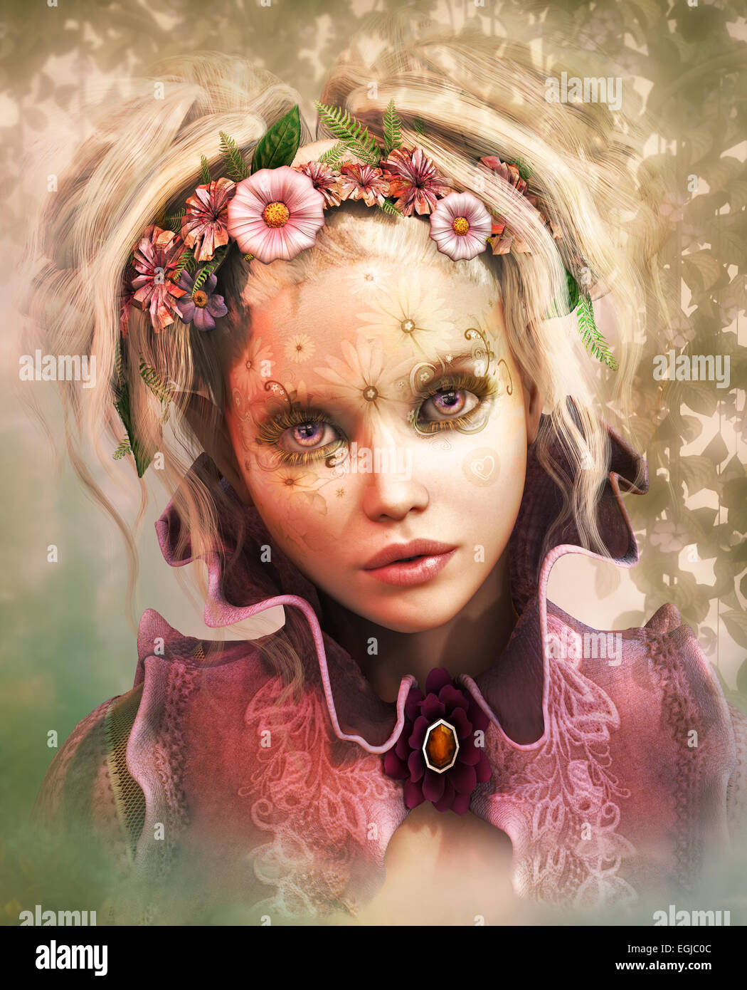 3d computer graphics of a Girl with colored flowers in her hair Stock Photo