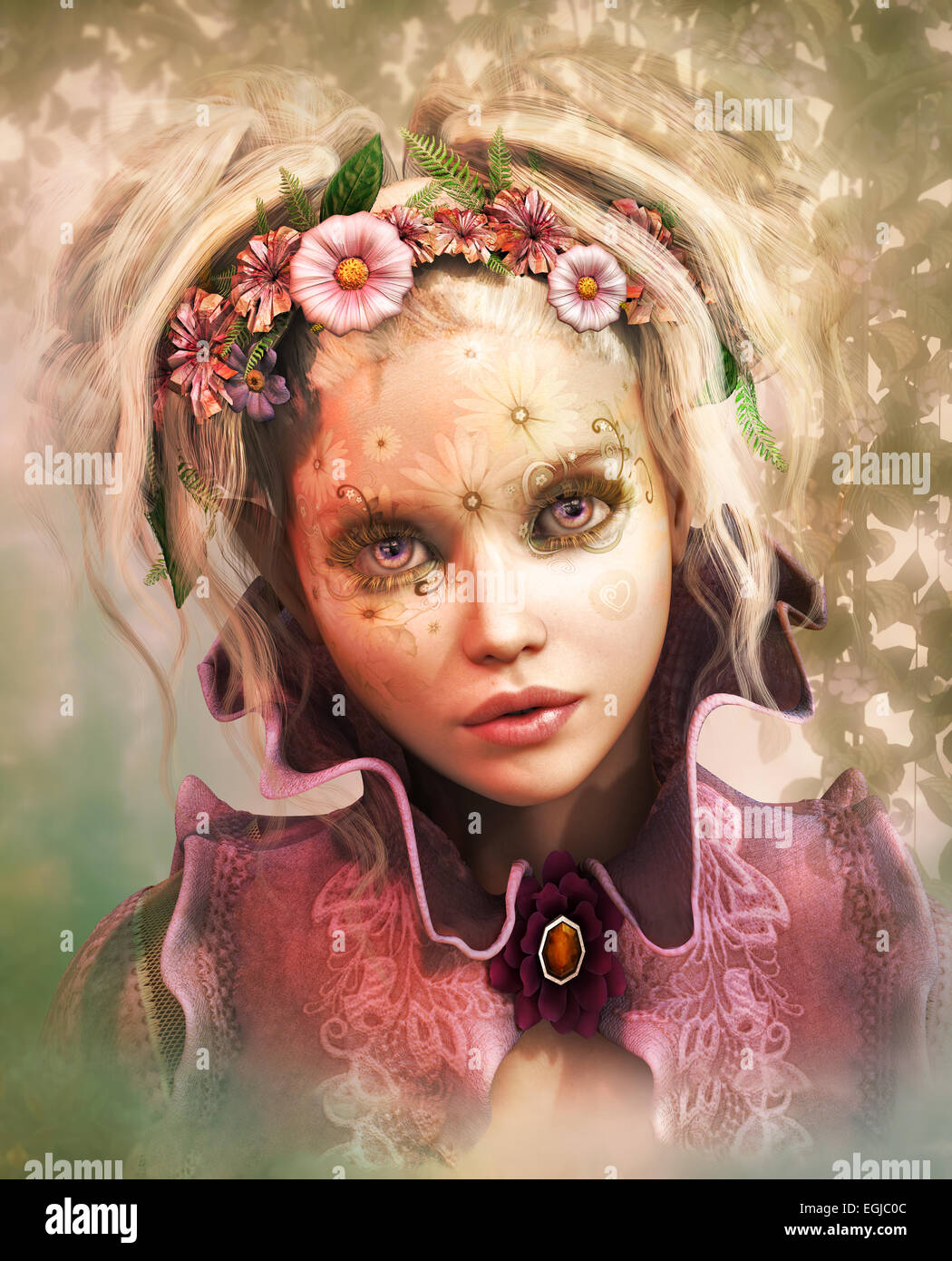 3d computer graphics of a Girl with colored flowers in her hair Stock