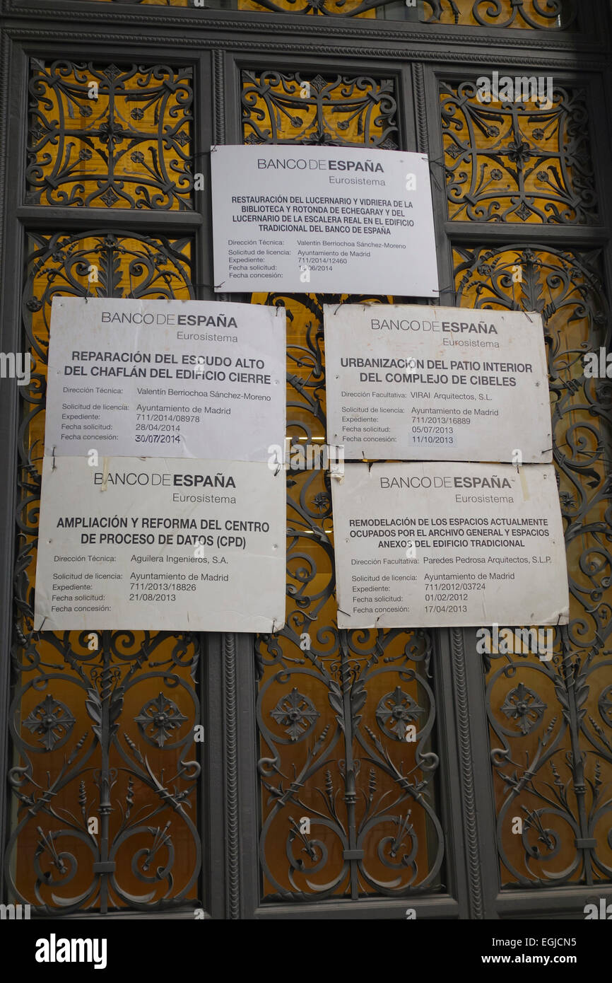 Public information signs, showing construction being done in Banco de España, bank of spain building, Madrid, Spain Stock Photo