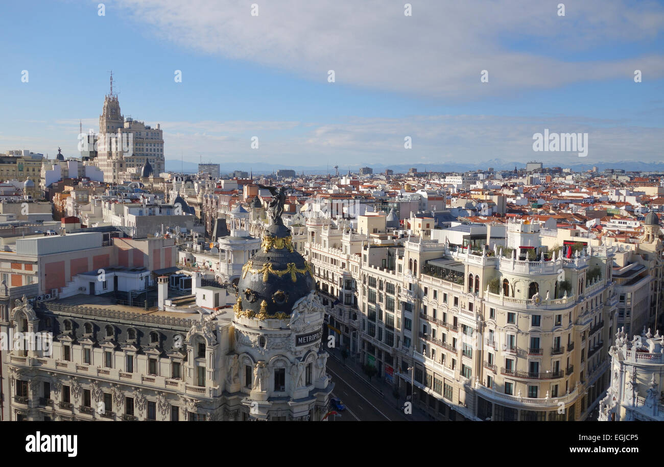 Skyline, cityscape, from roof Circulo de Bellas Artes with Gran via, West view, Metropolis Building in front. Madrid, Spain. Stock Photo