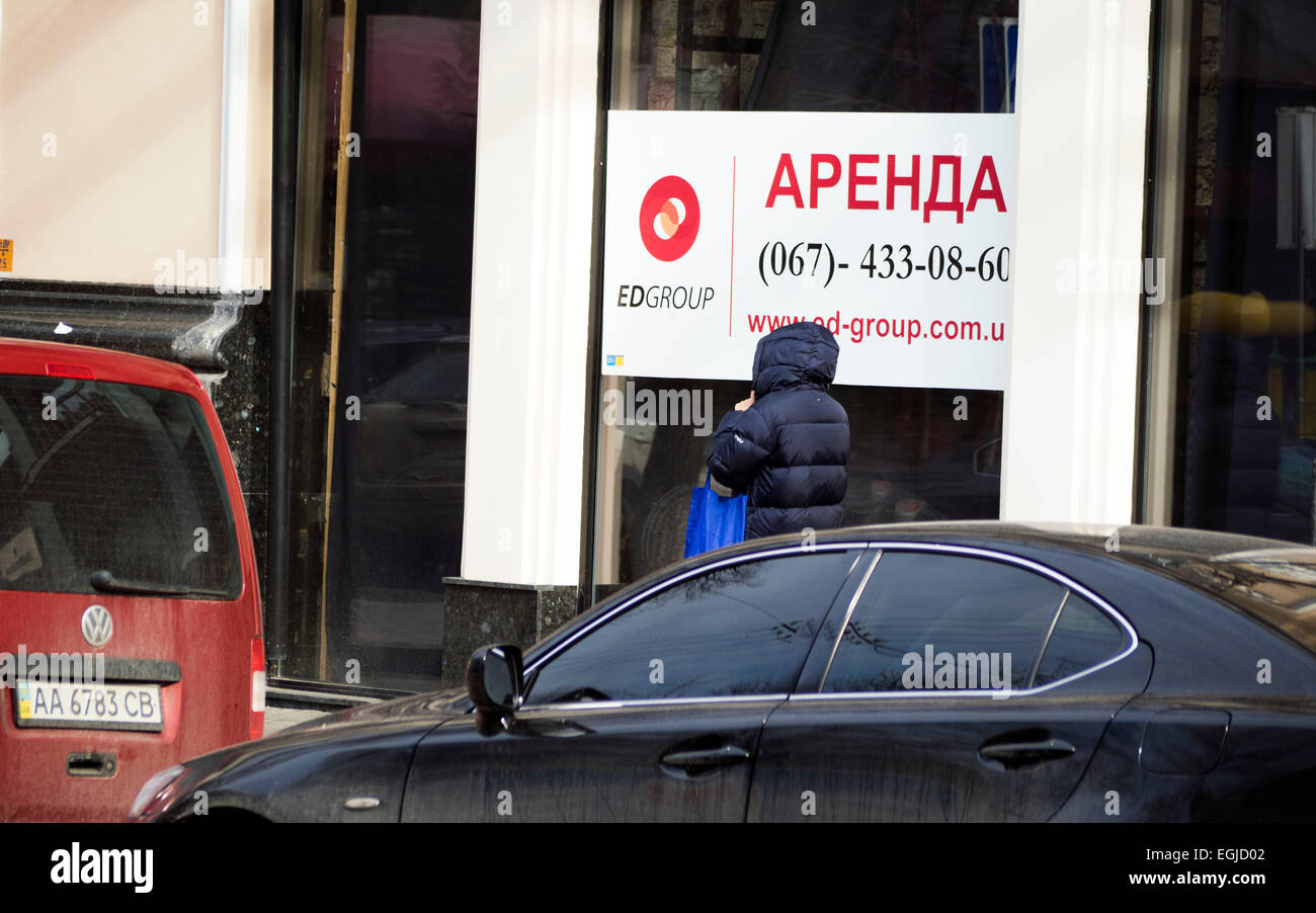 Kiev, Ukraine. 25th Feb, 2015. Showcase of table "rent" in downtown