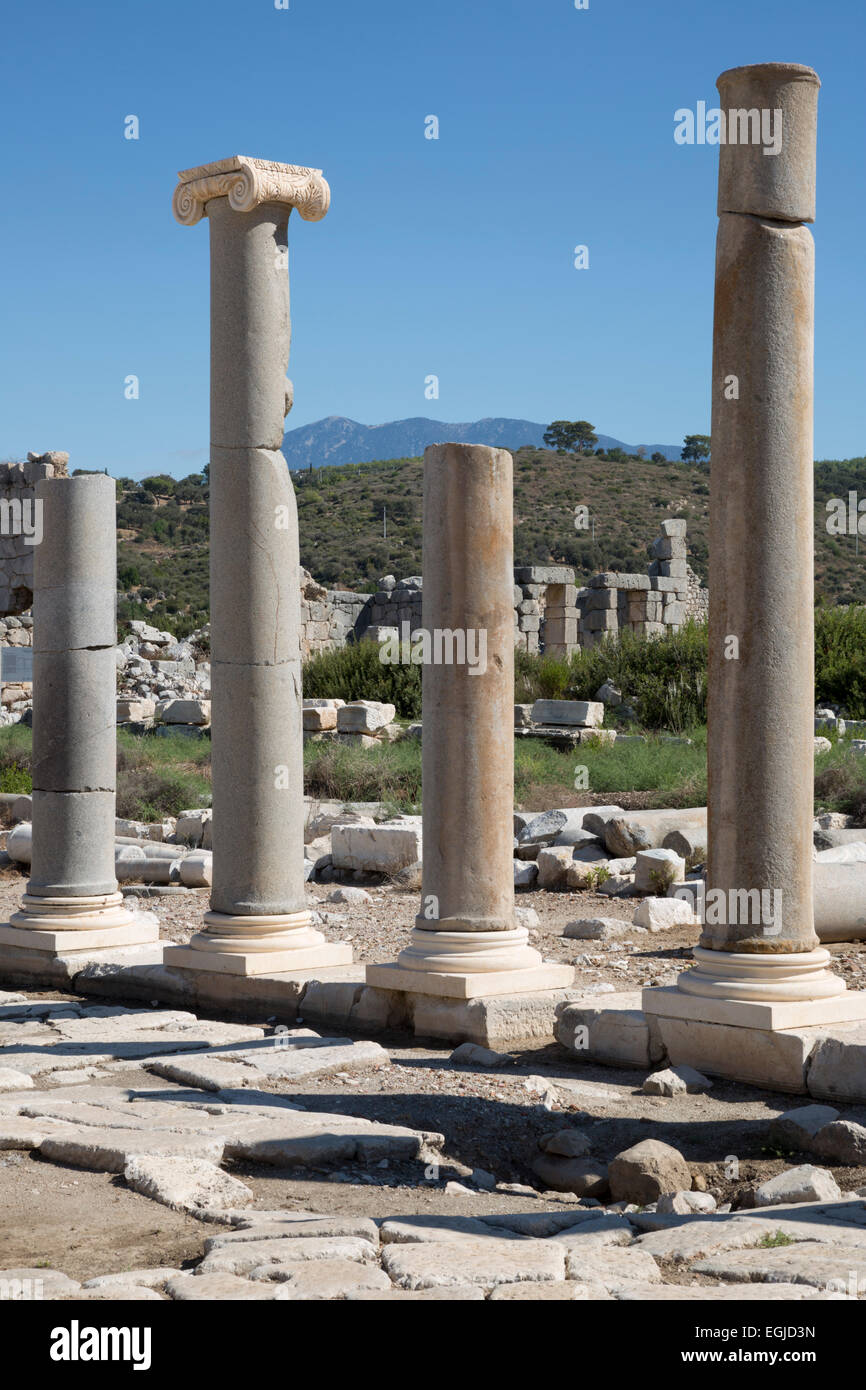 Ruined colonnaded Main Street, Patara, near Kalkan, Lycia, Antalya Province, Mediterranean Coast, Southwest Turkey, Turkey, Asia Stock Photo