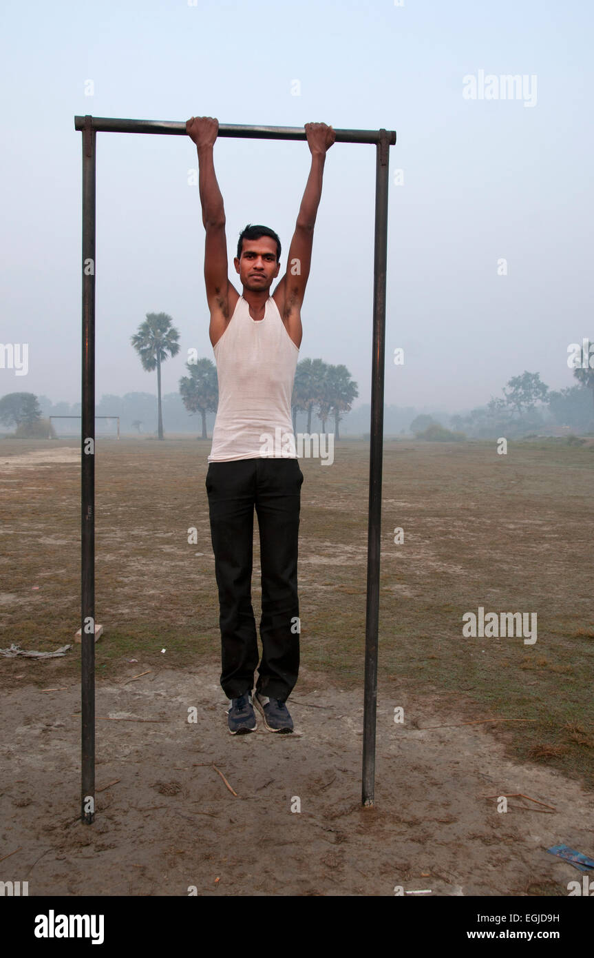 India 2014. Bihar. Mastichak village. A young man prepares for the army physical. Stock Photo