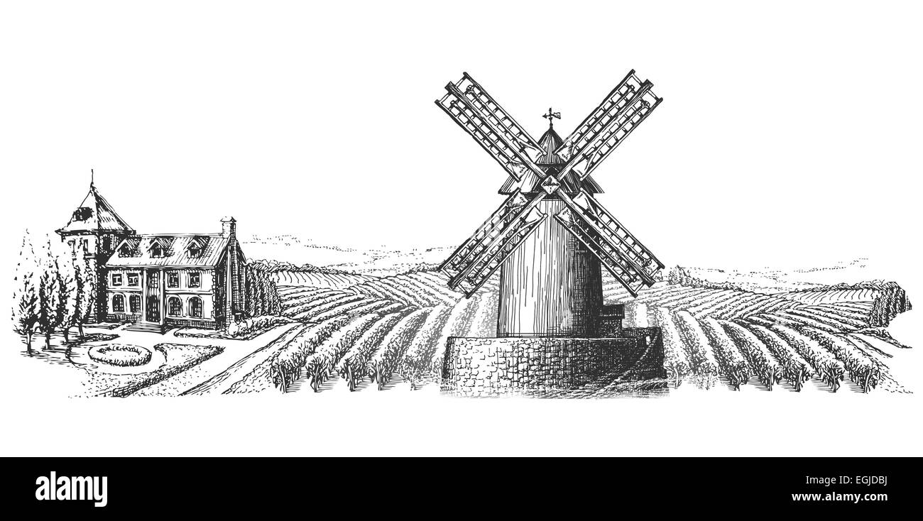 windmill and the landscape on a white background. sketch Stock Photo