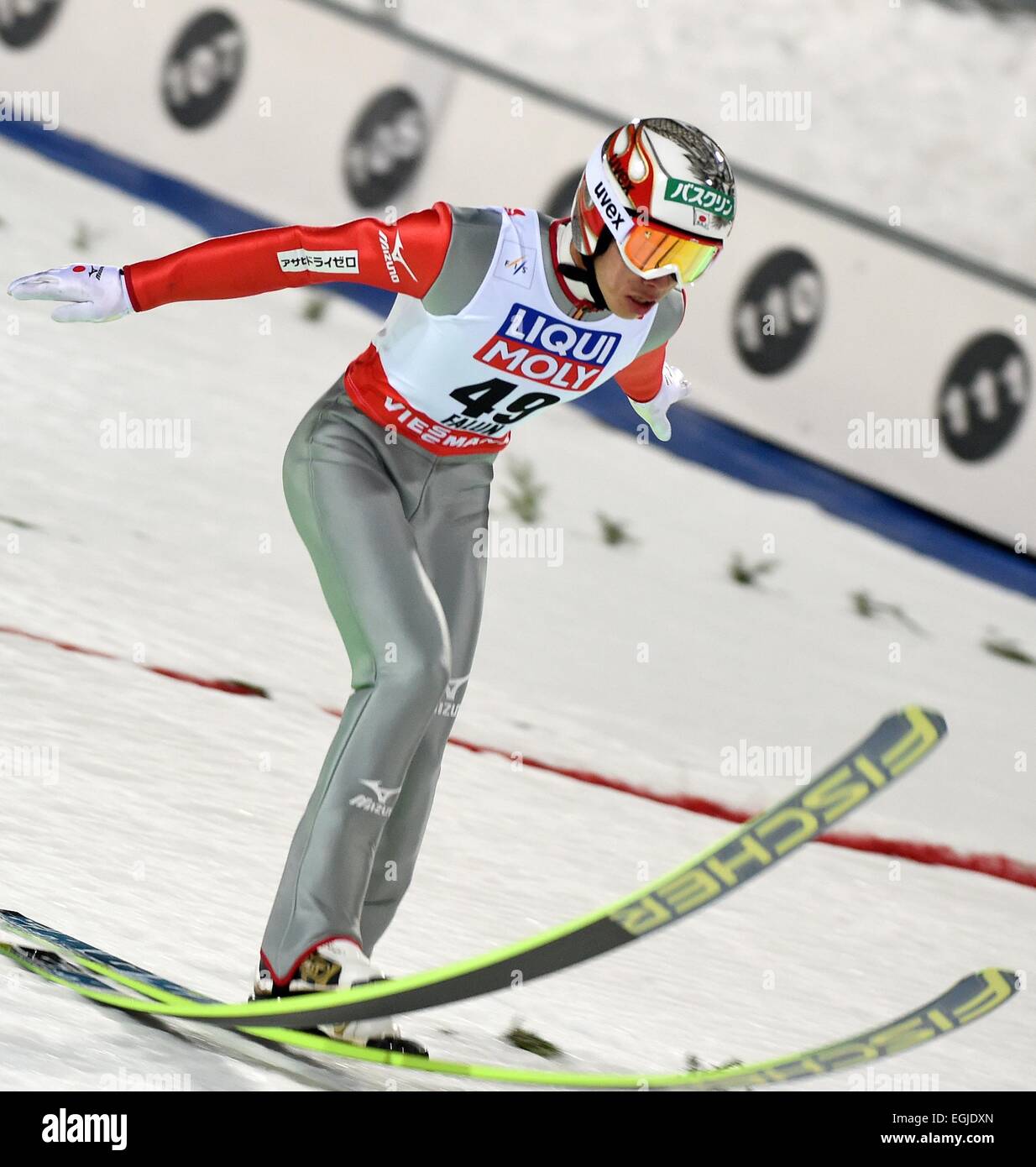 Falun, Sweden. 25th Feb, 2015. Taku Takeuchi of Japan in action during a jump in the men's
