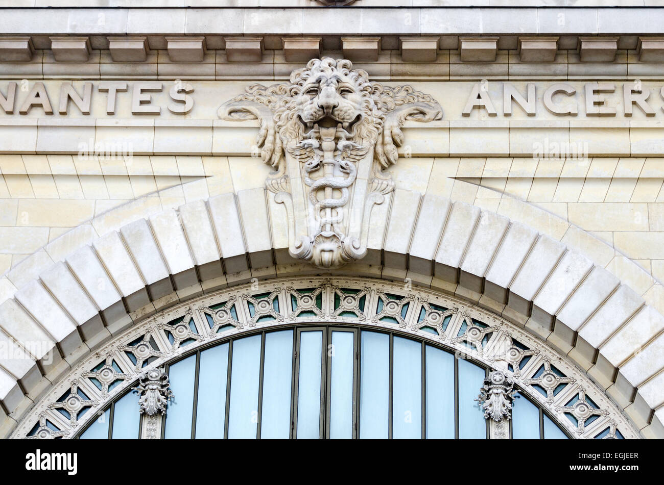 The names of French cities are carved on the exterior of the Musee d'Orsay, remnants of its origin as a railway station. Stock Photo