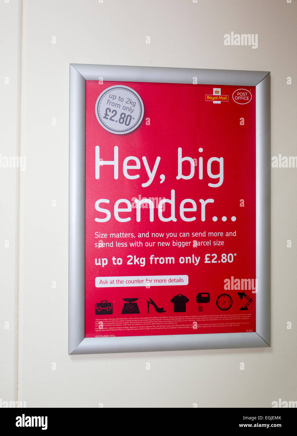 Hey big sender! new bigger small parcel size. Hey Big sender Post Office royal poster Stock Photo