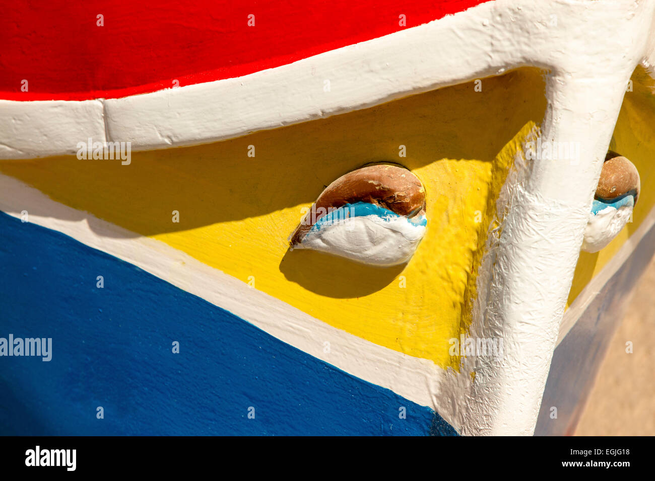 The bow of a Luzzu, a traditional fishing boat of Marsaxlokk Malta Stock Photo