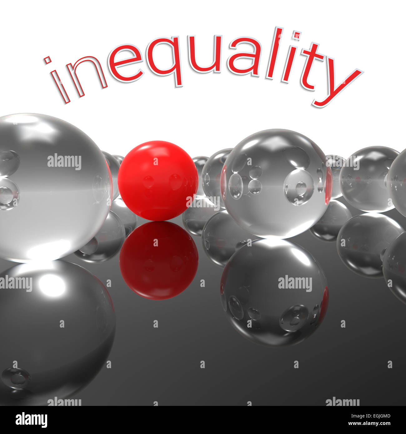 Three-dimensional abstract illustration with one sole red marble against a bunch of transparent glass balls and caption inequali Stock Photo