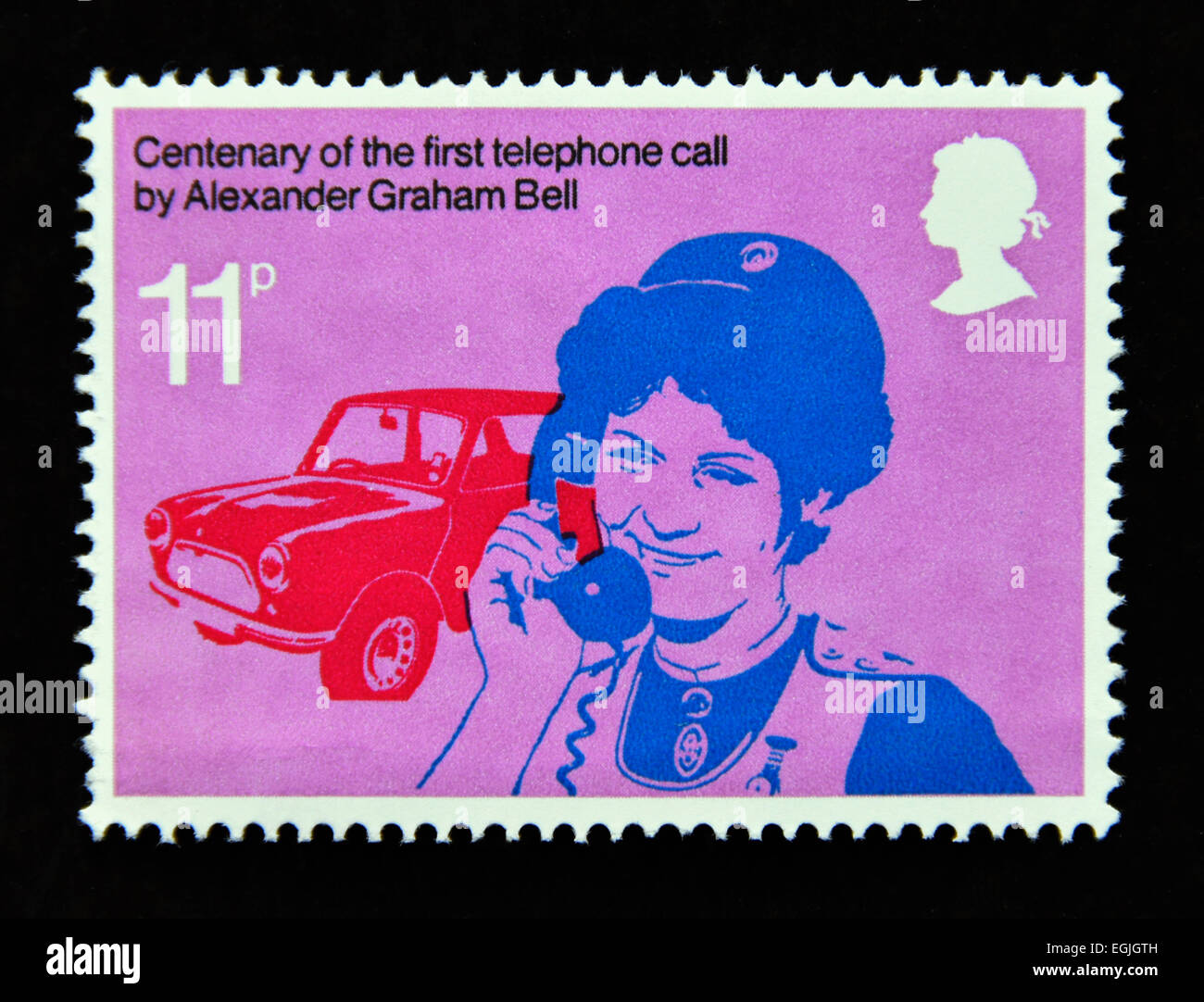 Postage stamp. Great Britain. Queen Elizabeth II. 1976. Centenary of the first telephone call by Alexander Graham Bell. Stock Photo
