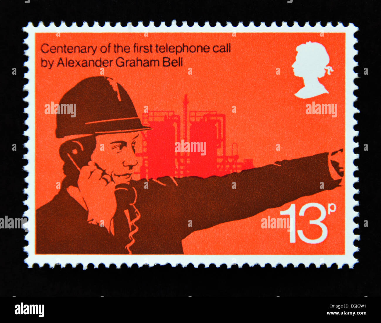 Postage stamp. Great Britain. Queen Elizabeth II. 1976. Centenary of the first telephone call by Alexander Graham Bell. Stock Photo