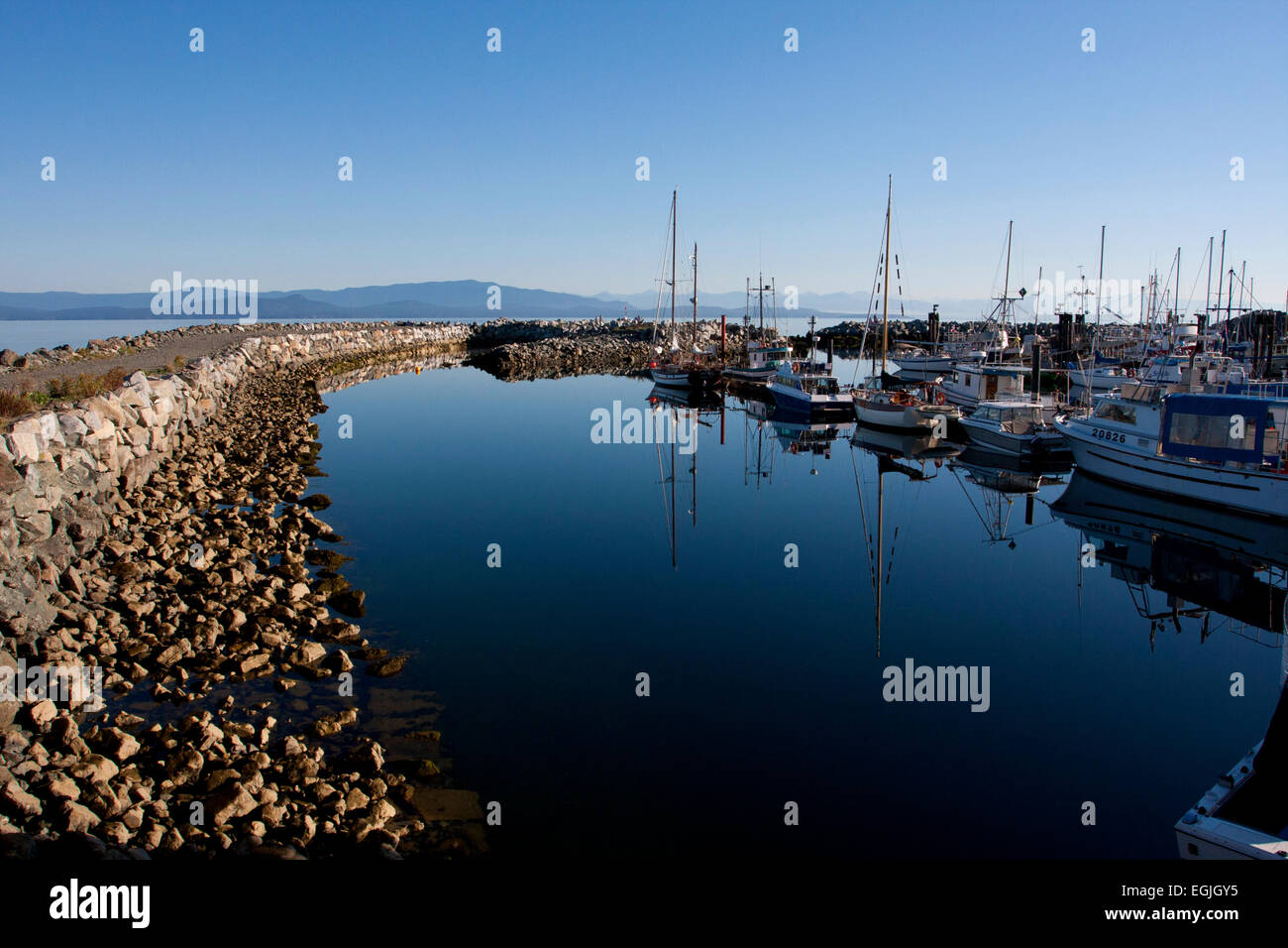 French Creek marina showing breakwater and boats, Vancouver Island, BC