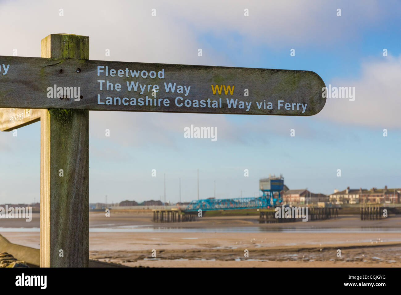 Wooden direction Sign for Fleetwood, Wyre Way, Coastal Ferry Route. Stock Photo
