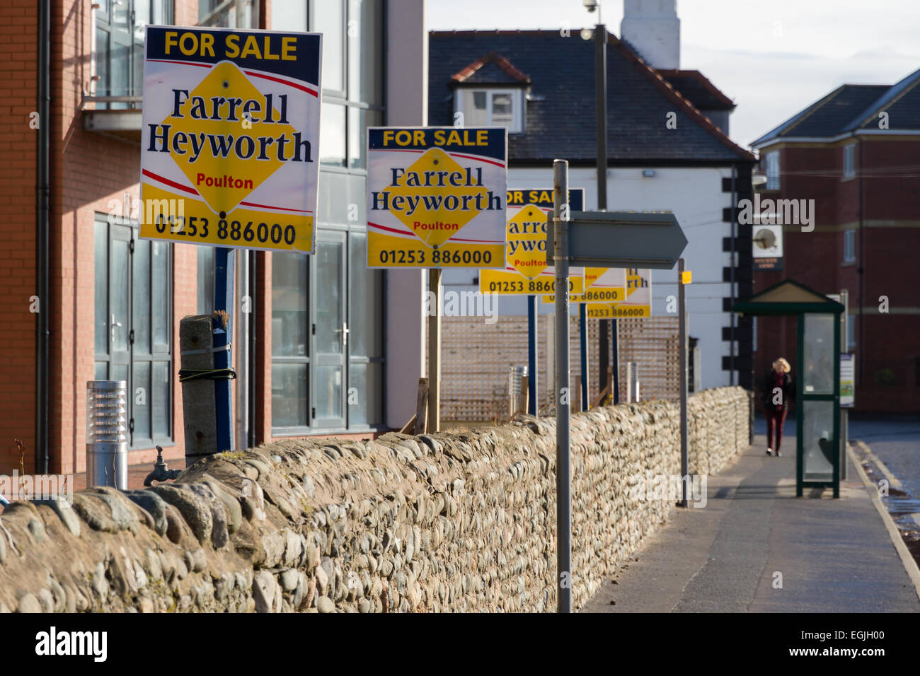 For Sale signs outside the new Waterfront property development in Knott End on Sea near Fleetwood Stock Photo
