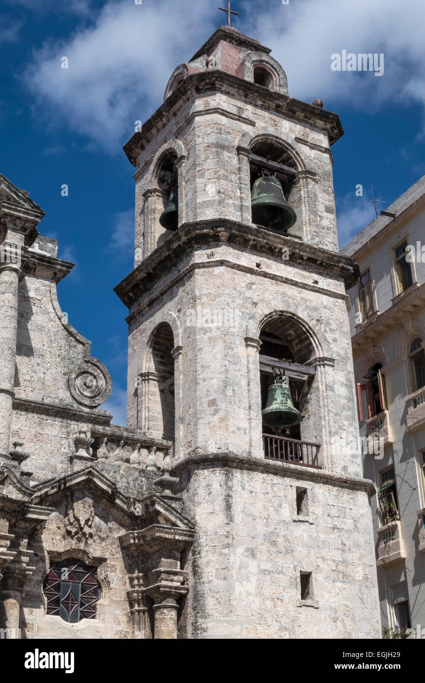 One of the Baroque bell towers of the Catedral de San Cristobal, Havana, Cuba. Stock Photo
