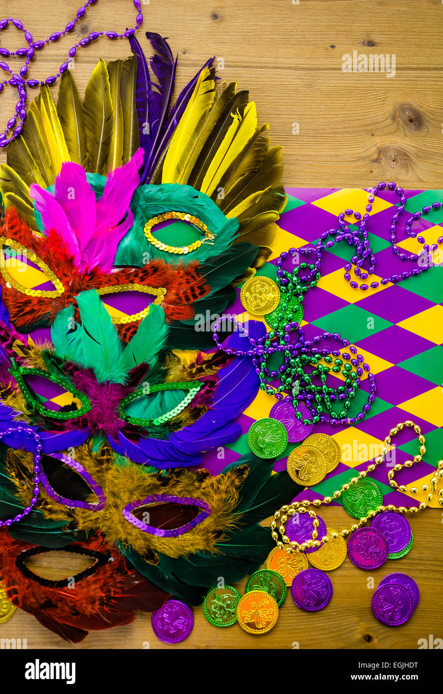 Multicolored Decorations For Mardi Gras Party On The Table Stock